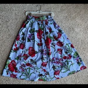 Floral print gingham cotton flare skirt